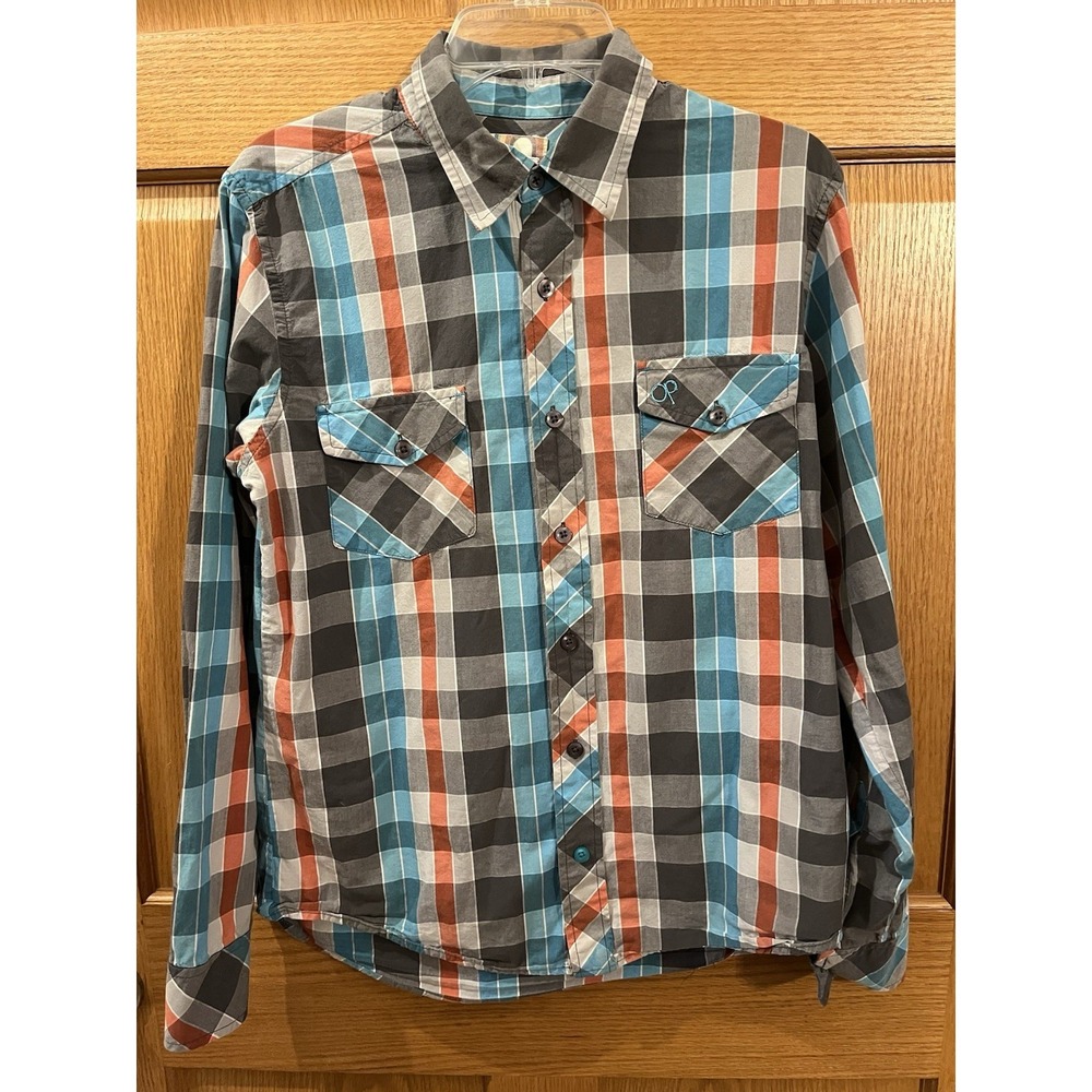 Vintage OP Ocean Pacific Shirt Mens M Blue Gray Check Pockets Embroidered Logo